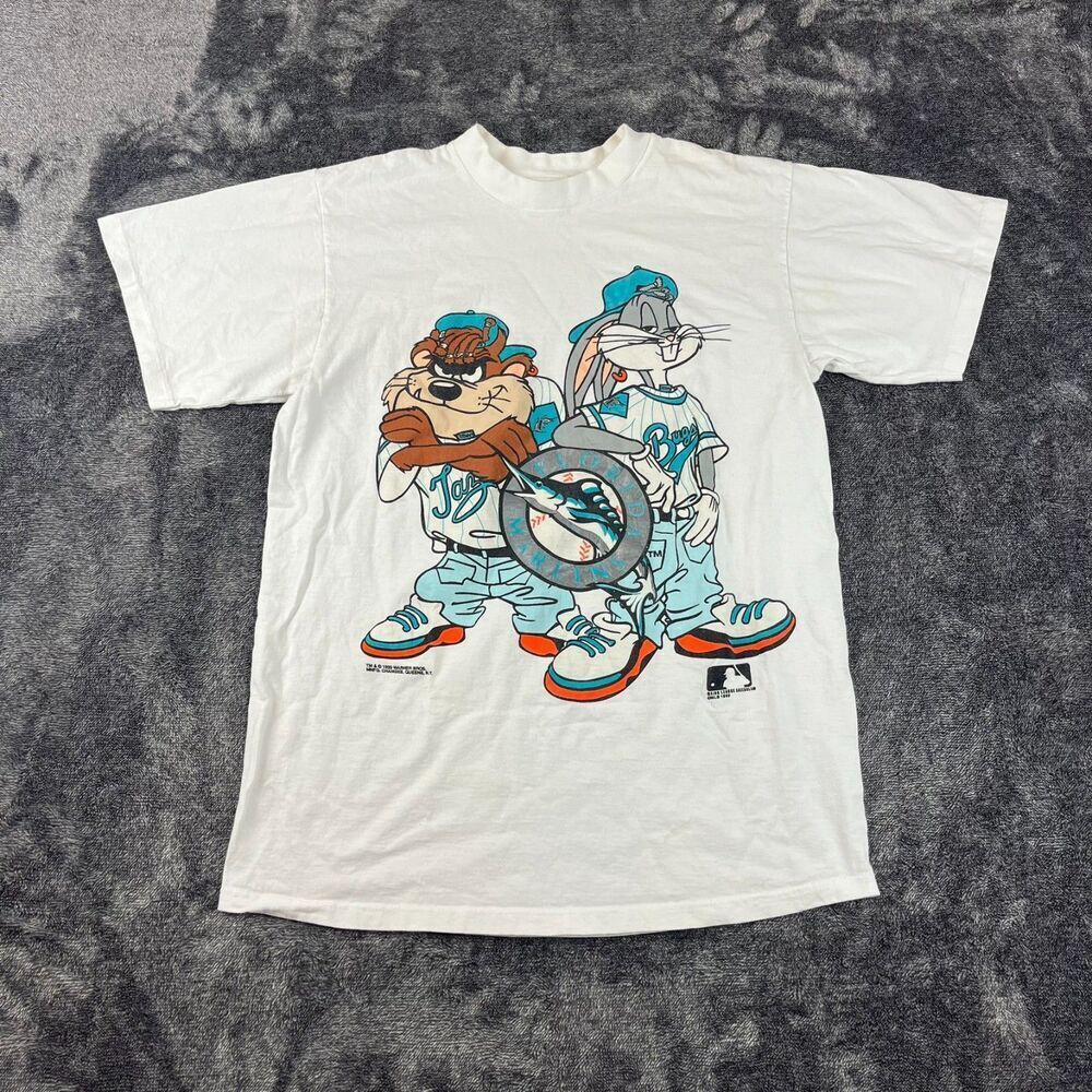 Vtg 1993 Looney Tunes Bugs Bunny Taz T-Shirt Single Stitch Delta Sz L Marlins*